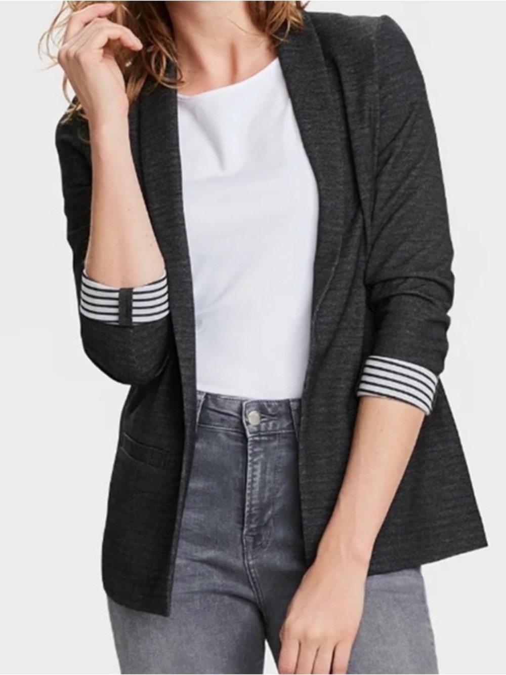 Green Open-Front Women’s Sweater Blazer with Stripe Cuff